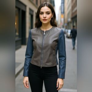 Victory Blue Line Women's Leather Jacket 2 Tone Blue and Gray Sz M